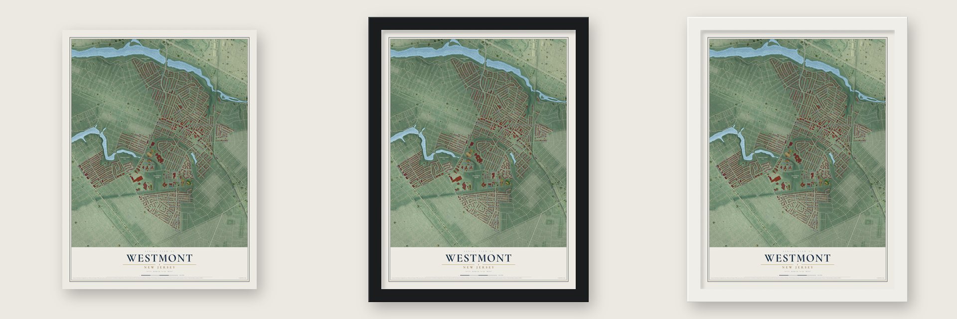Westmont, New Jersey map unframed, in a black wood frame and in a white wood frame