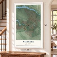 Westmont, New Jersey map, 24 x 36 inch print in a white frame by a staircase