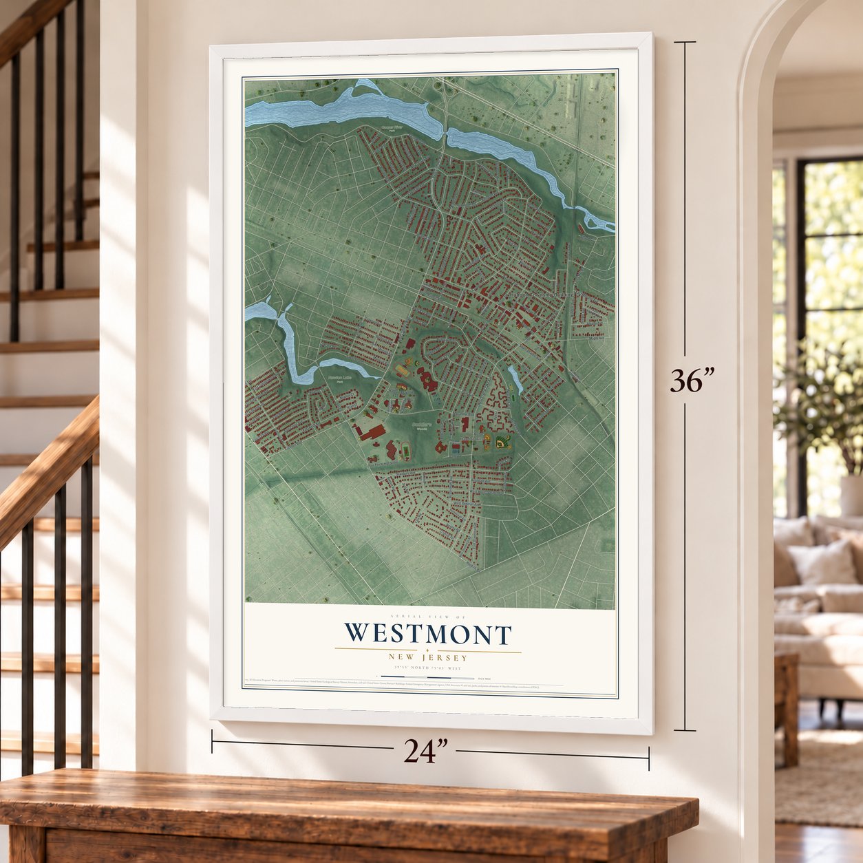 Westmont, New Jersey map, 24 x 36 inch print in a white frame by a staircase