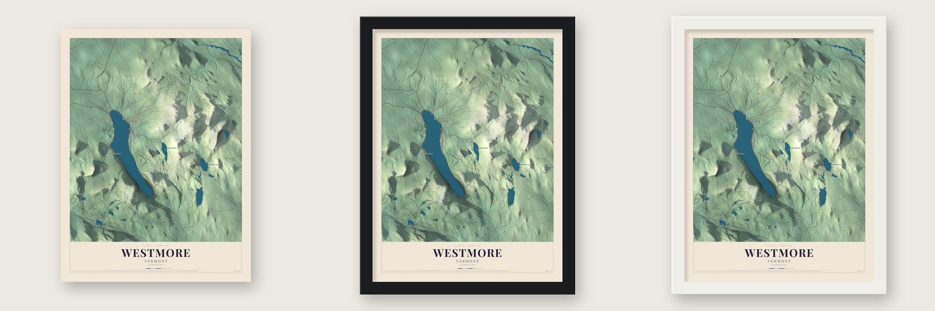 Westmore, Vermont map unframed, in a black wood frame and in a white wood frame
