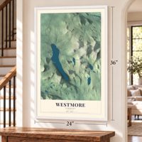 Westmore, Vermont map, 24 x 36 inch print in a white frame by a staircase