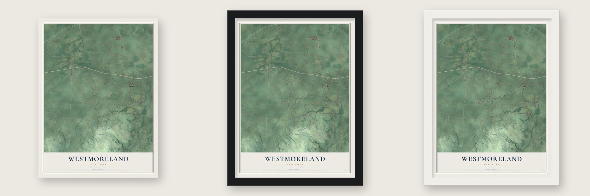 Westmoreland, New York map unframed, in a black wood frame and in a white wood frame