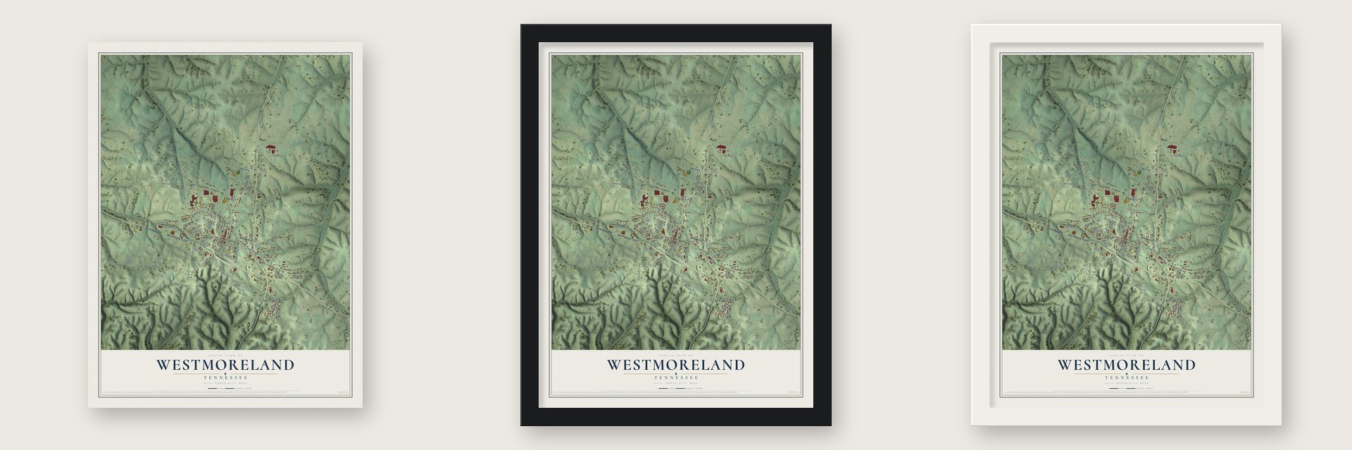 Westmoreland, Tennessee map unframed, in a black wood frame and in a white wood frame