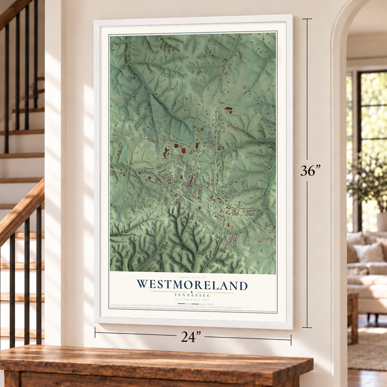 Westmoreland, Tennessee map, 24 x 36 inch print in a white frame by a staircase
