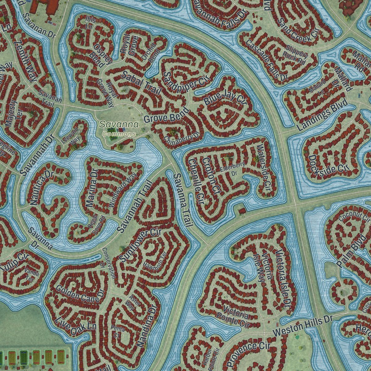 Second close-up of the map of Weston, Florida print showing more streets and buildings