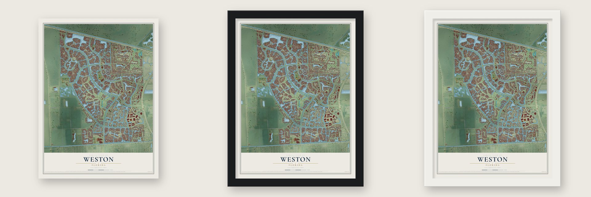 Weston, Florida map unframed, in a black wood frame and in a white wood frame