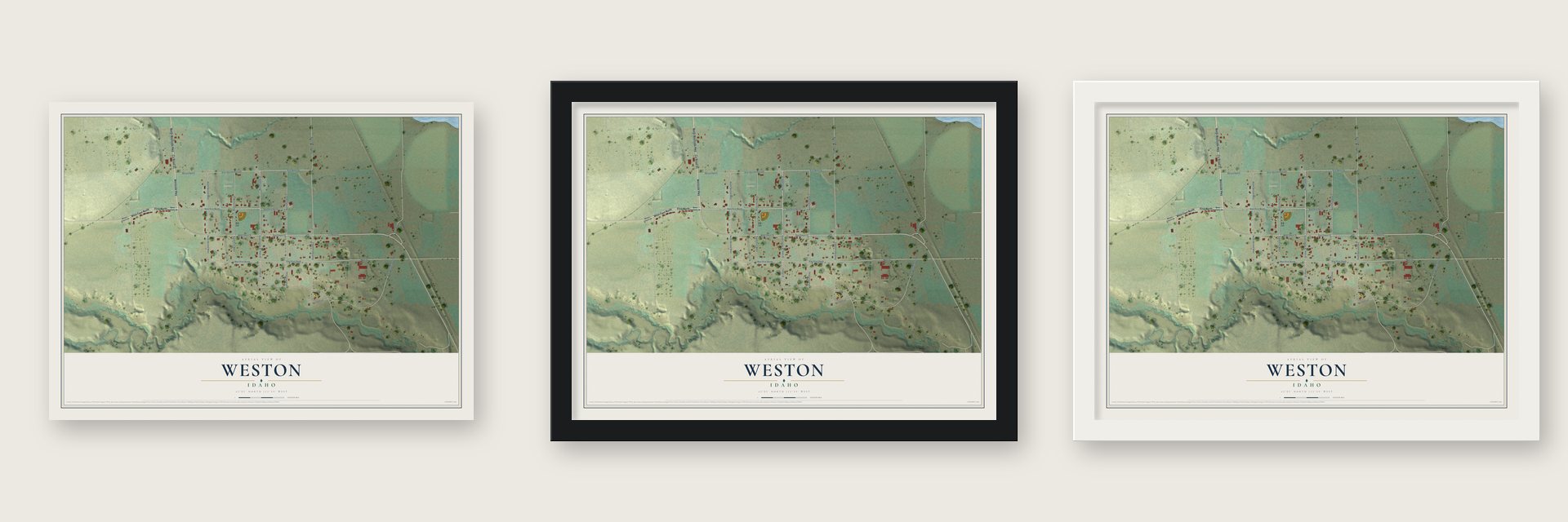 Weston, Idaho map unframed, in a black wood frame and in a white wood frame