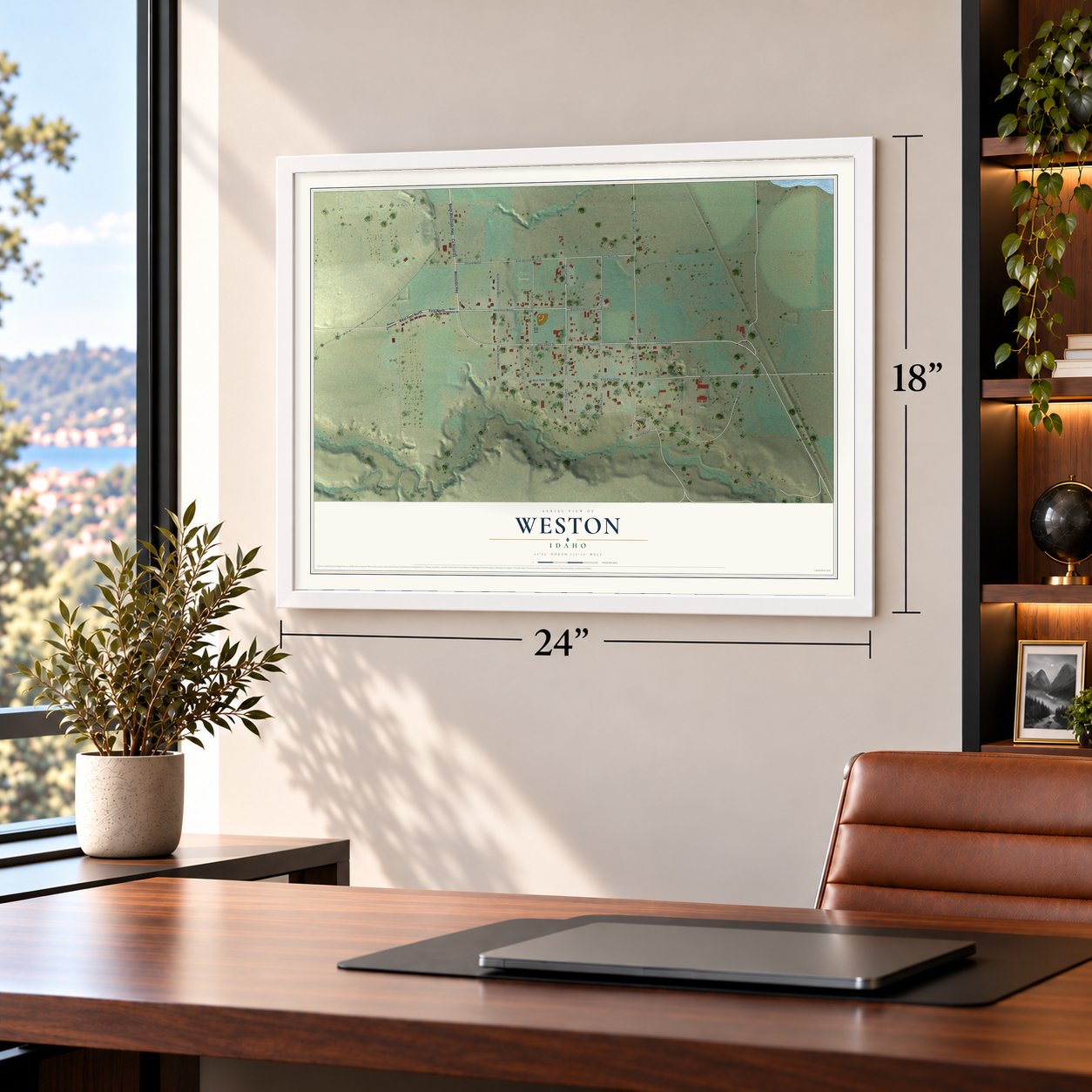 Weston, Idaho map, 18 x 24 inch print in a white frame in a home office