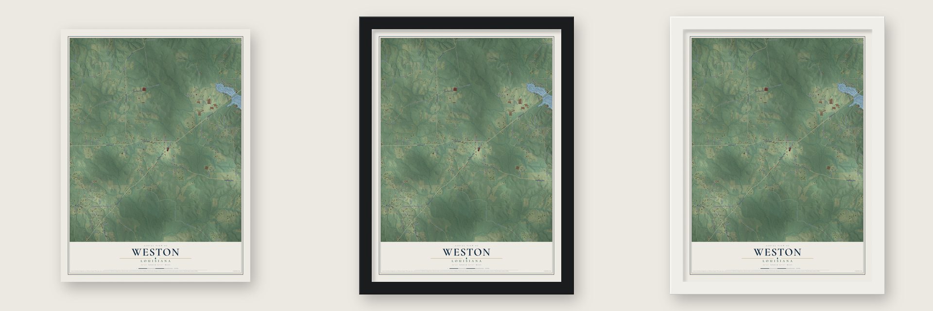 Weston, Louisiana map unframed, in a black wood frame and in a white wood frame