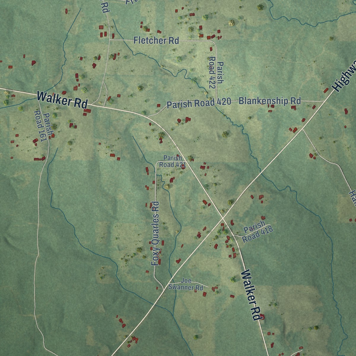 Second close-up of the map of Weston, Louisiana print showing more streets and buildings