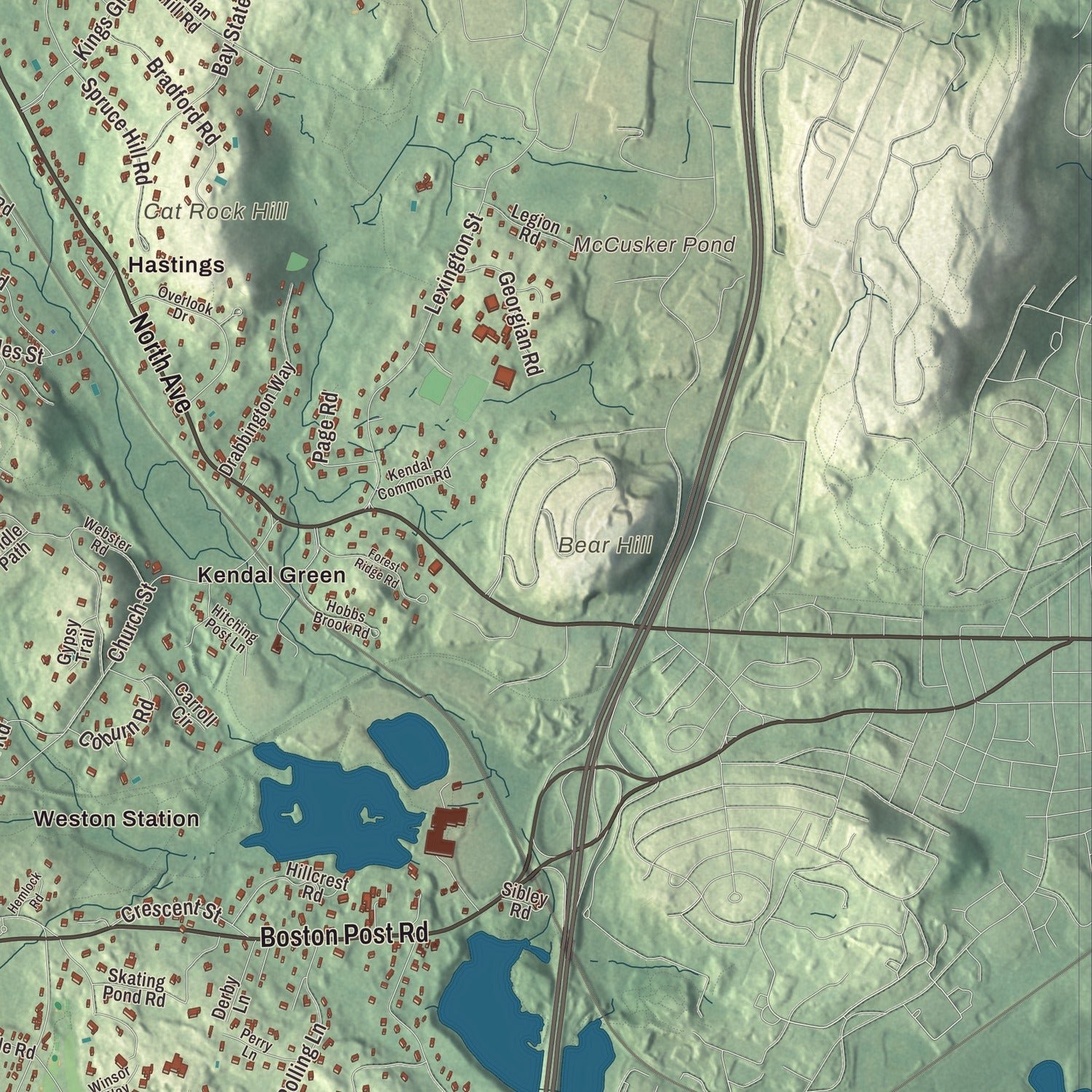 Close-up of the map of Weston, Massachusetts print showing terrain and local geography