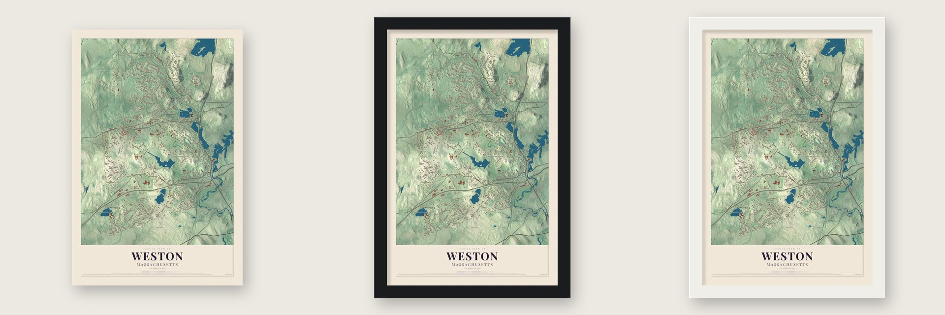 Weston, Massachusetts map unframed, in a black wood frame and in a white wood frame