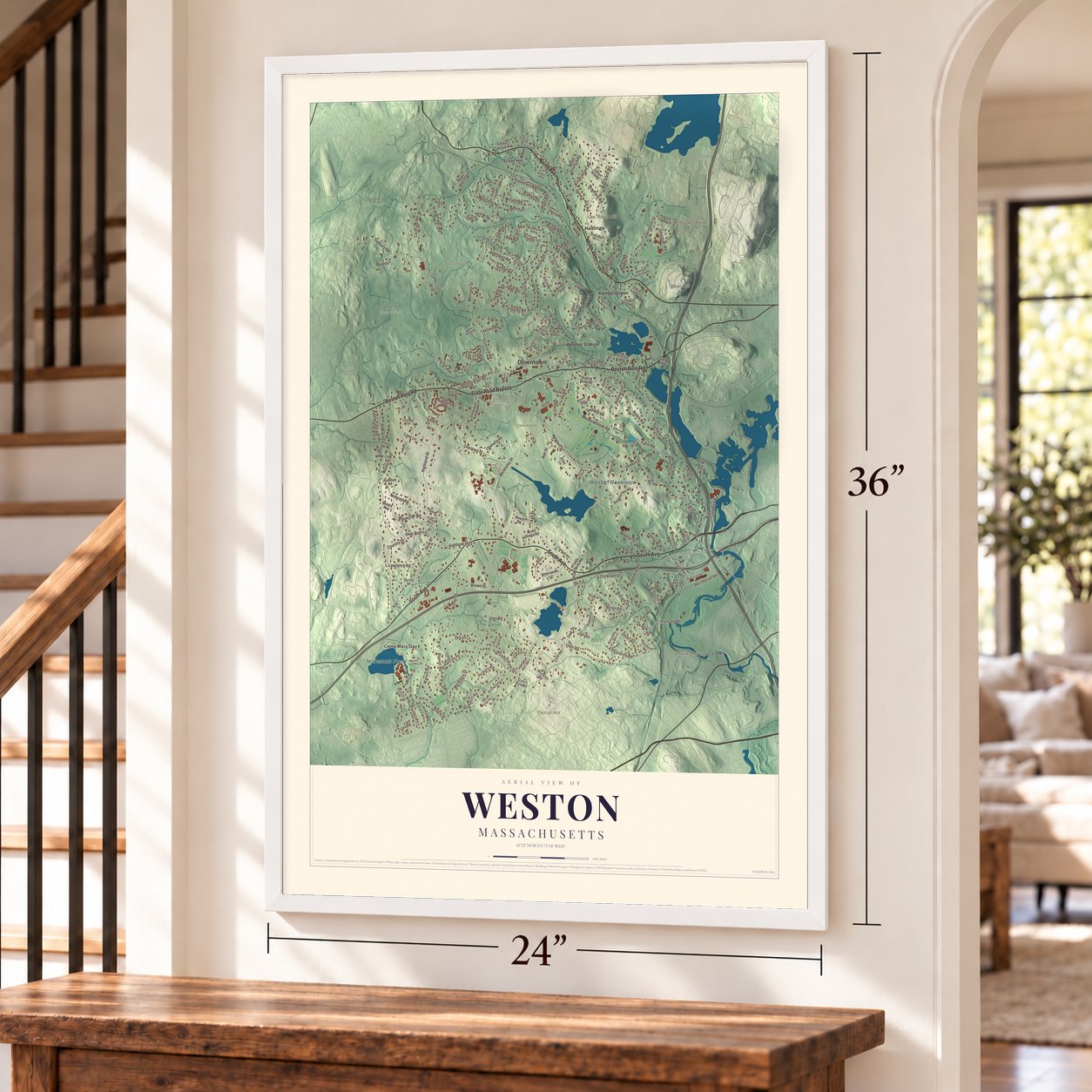 Weston, Massachusetts map, 24 x 36 inch print in a white frame by a staircase