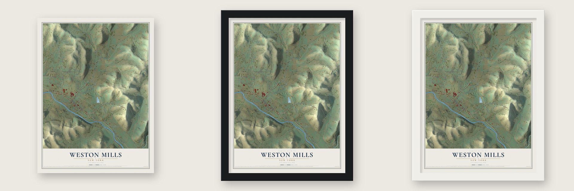 Weston Mills, New York map unframed, in a black wood frame and in a white wood frame