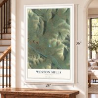 Weston Mills, New York map, 24 x 36 inch print in a white frame by a staircase