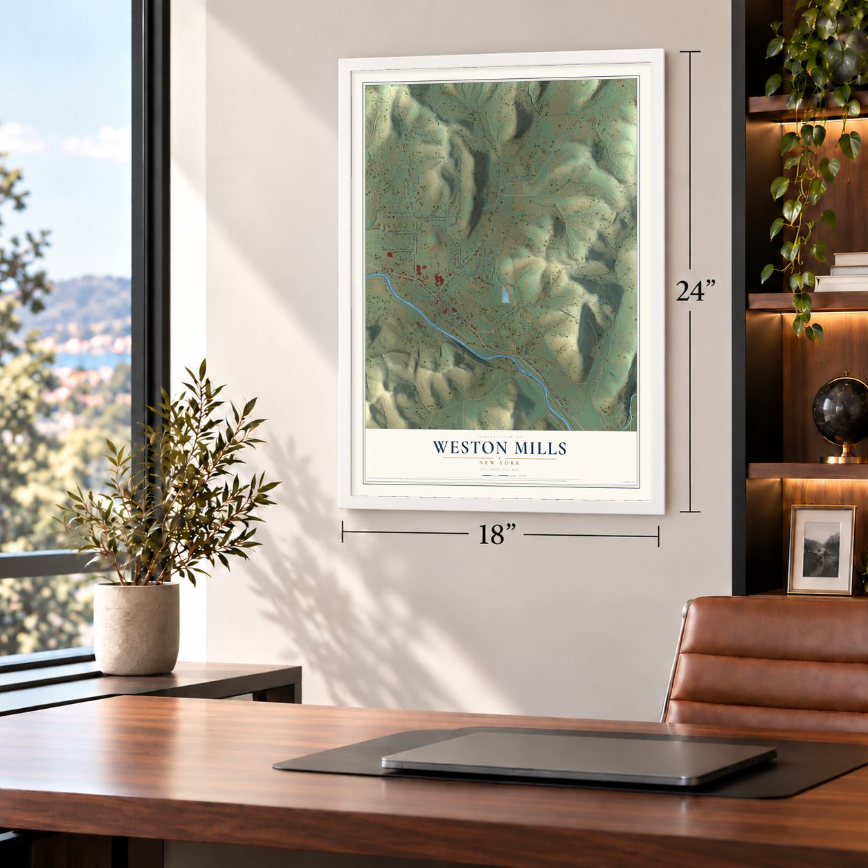 Weston Mills, New York map, 18 x 24 inch print in a white frame in a home office