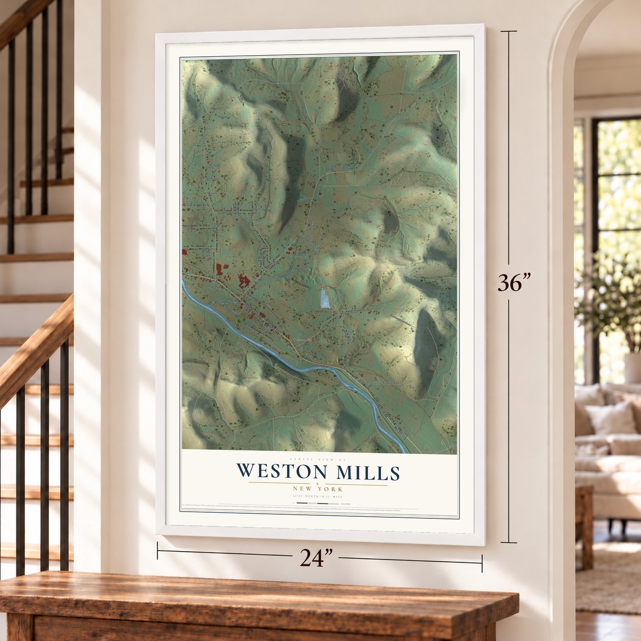Weston Mills, New York map, 24 x 36 inch print in a white frame by a staircase