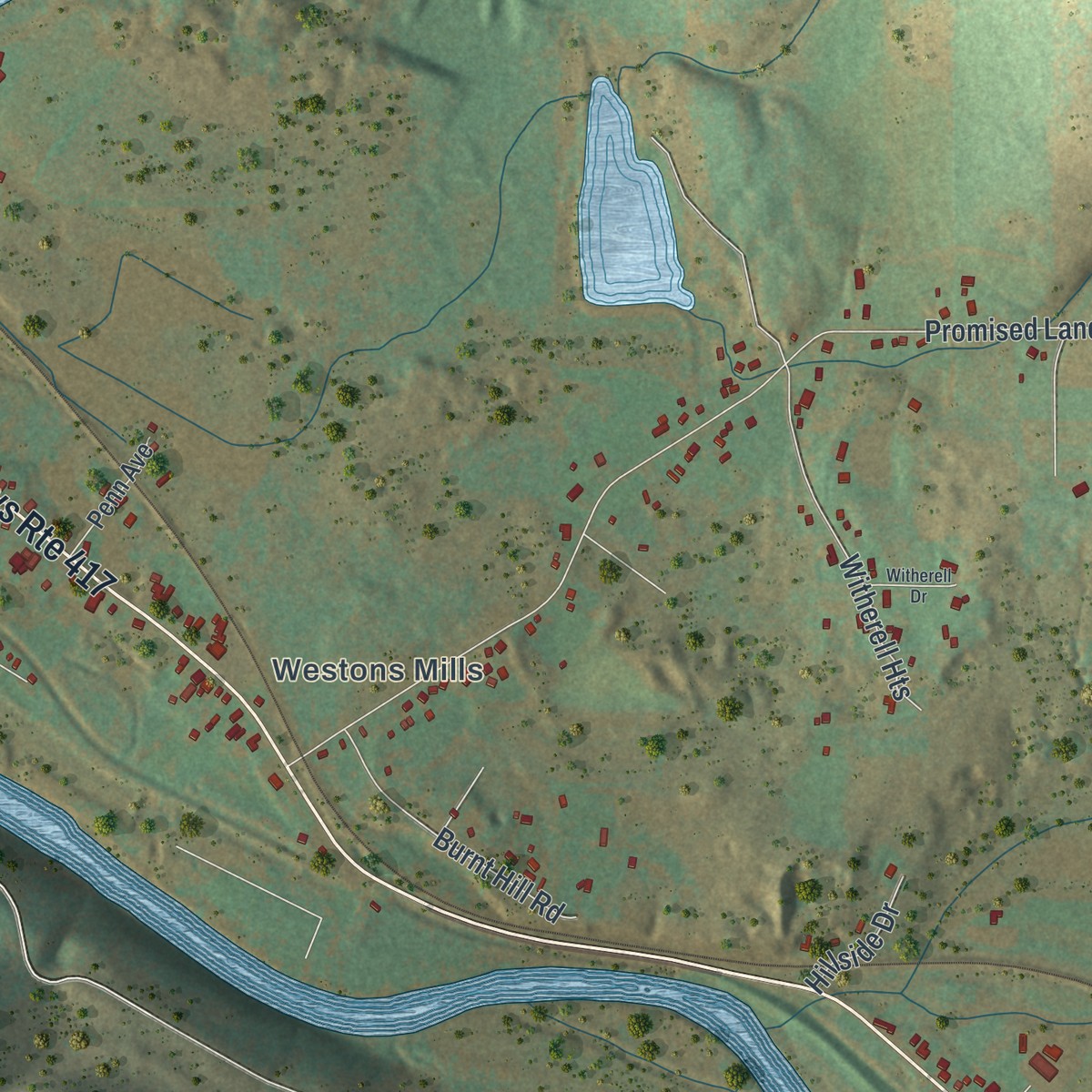 Second close-up of the map of Weston Mills, New York print showing more streets and buildings