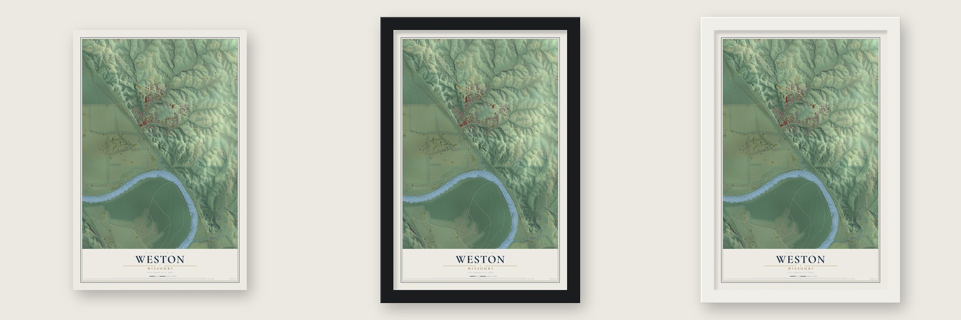 Weston, Missouri map unframed, in a black wood frame and in a white wood frame