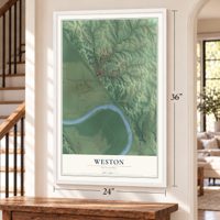 Weston, Missouri map, 24 x 36 inch print in a white frame by a staircase