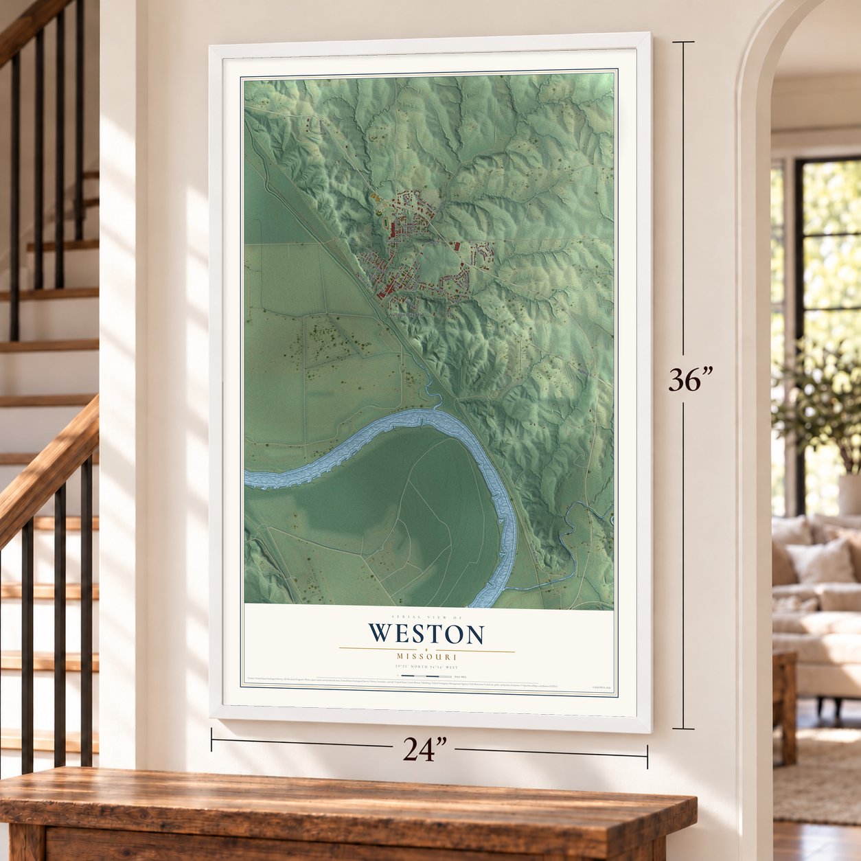 Weston, Missouri map, 24 x 36 inch print in a white frame by a staircase