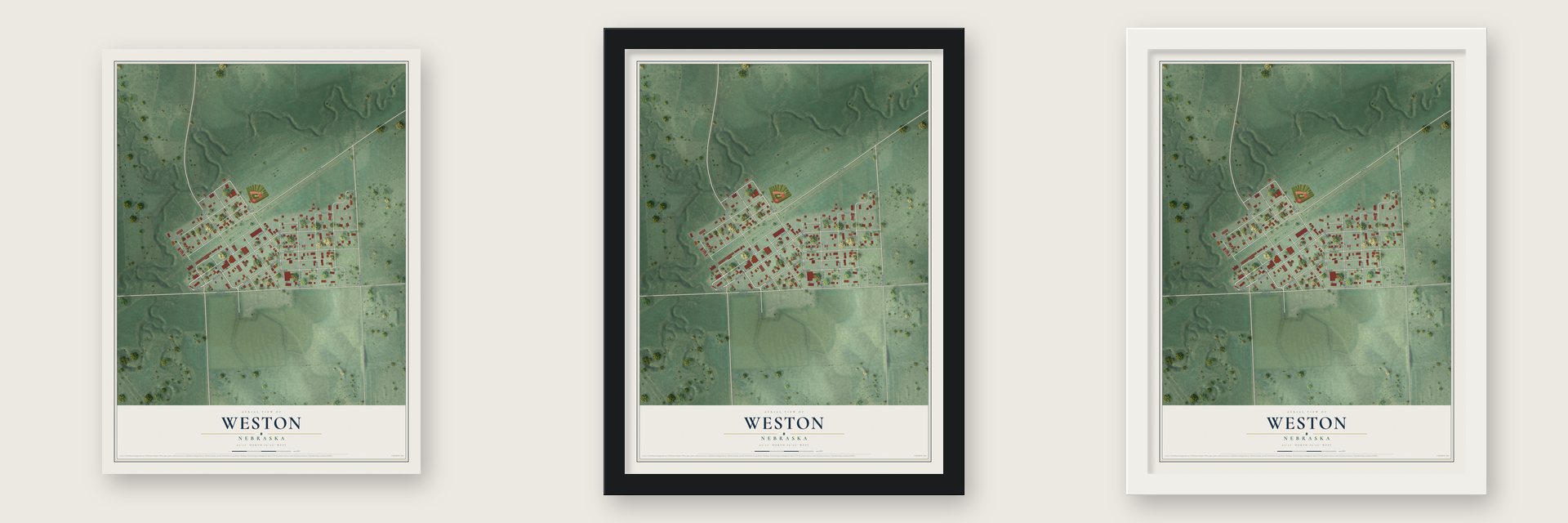 Weston, Nebraska map unframed, in a black wood frame and in a white wood frame