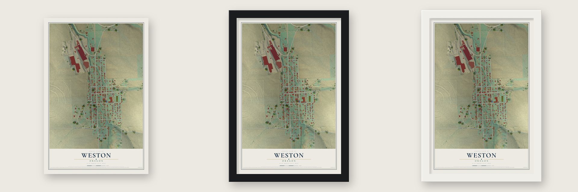 Weston, Oregon map unframed, in a black wood frame and in a white wood frame