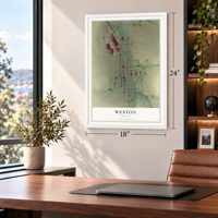 Weston, Oregon map, 18 x 24 inch print in a white frame in a home office