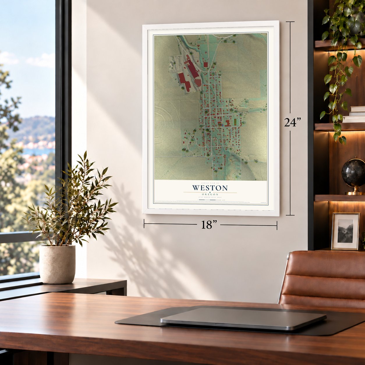 Weston, Oregon map, 18 x 24 inch print in a white frame in a home office