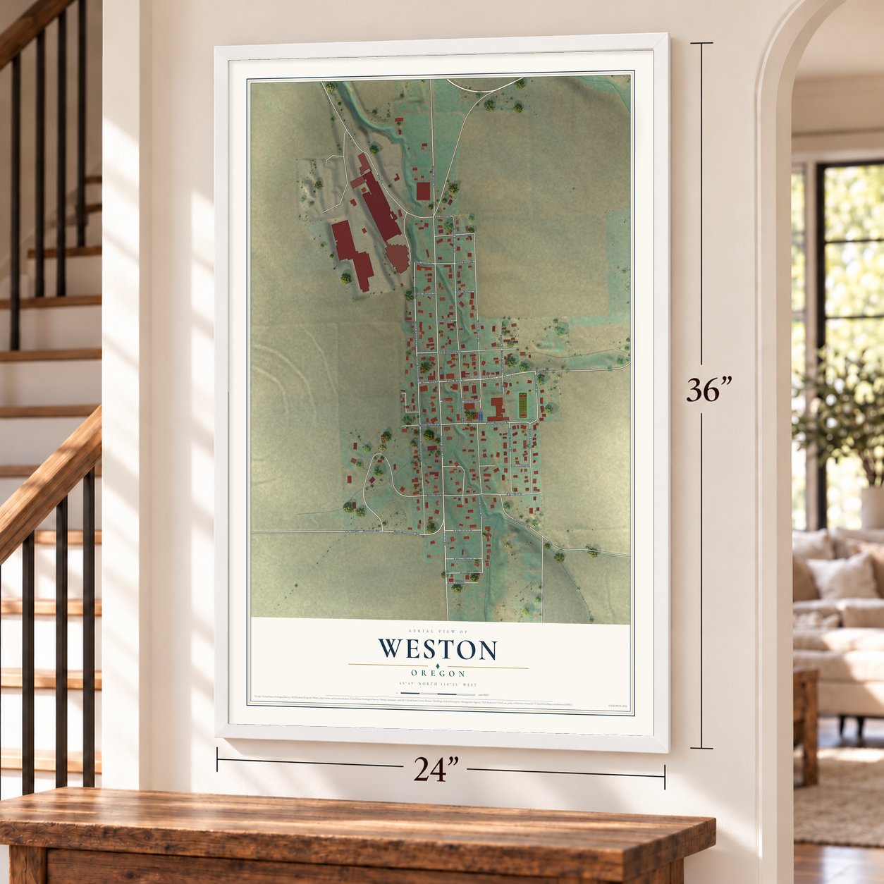 Weston, Oregon map, 24 x 36 inch print in a white frame by a staircase