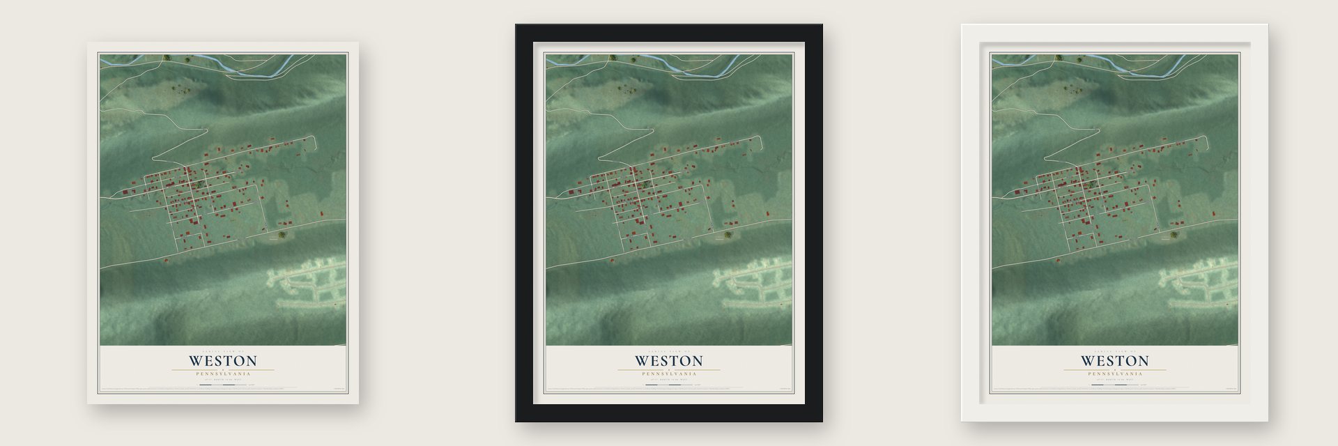 Weston, Pennsylvania map unframed, in a black wood frame and in a white wood frame