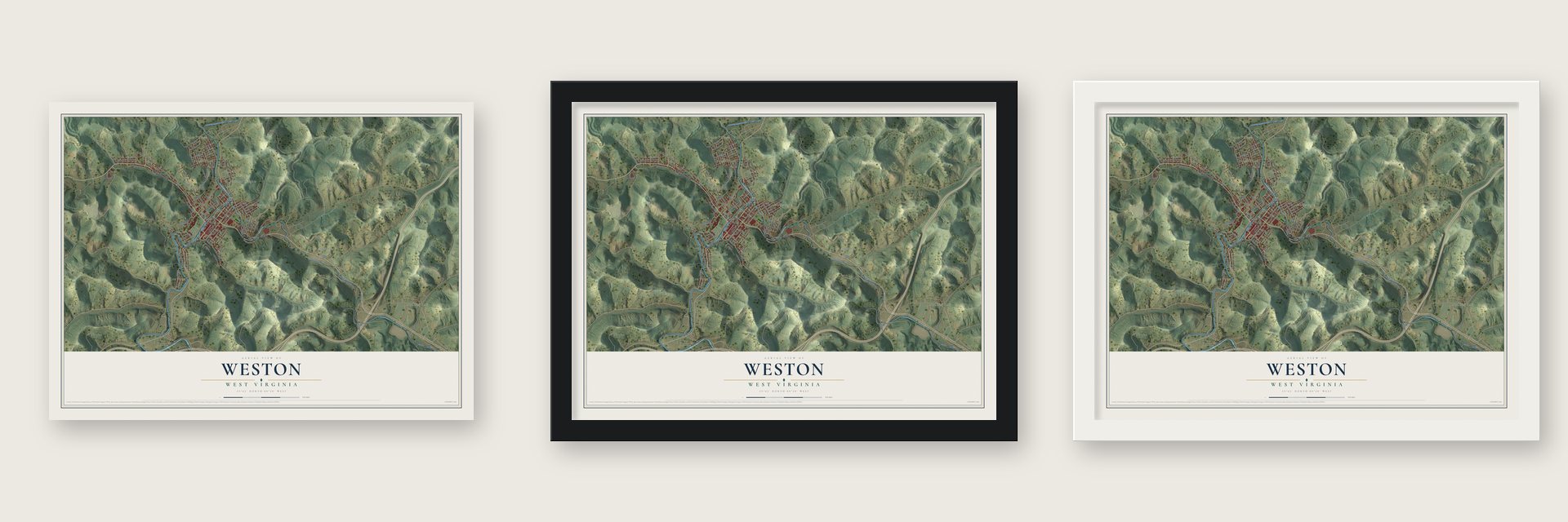 Weston, West Virginia map unframed, in a black wood frame and in a white wood frame