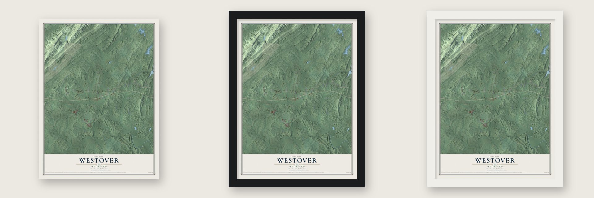 Westover, Alabama map unframed, in a black wood frame and in a white wood frame