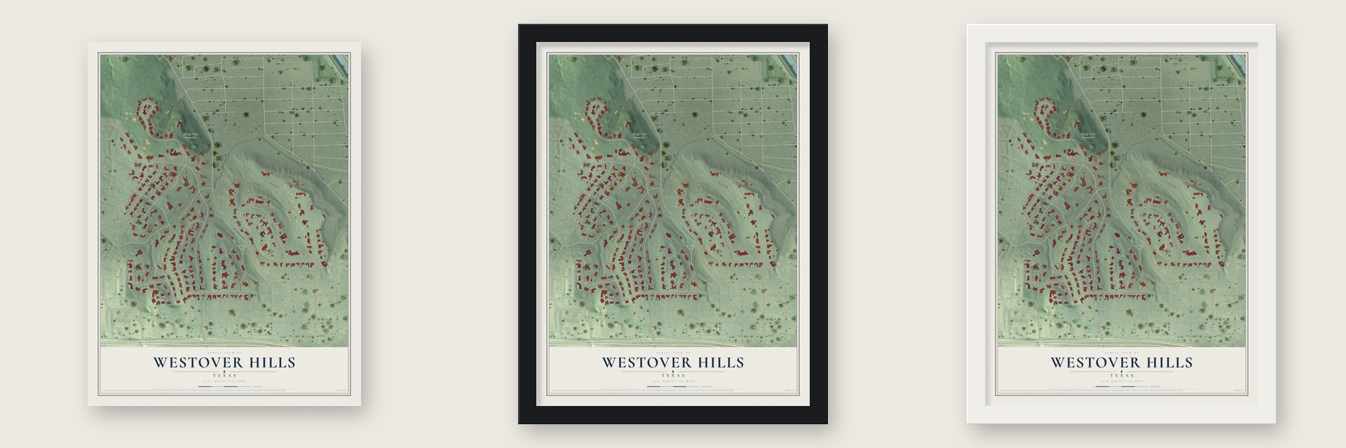 Westover Hills, Texas map unframed, in a black wood frame and in a white wood frame