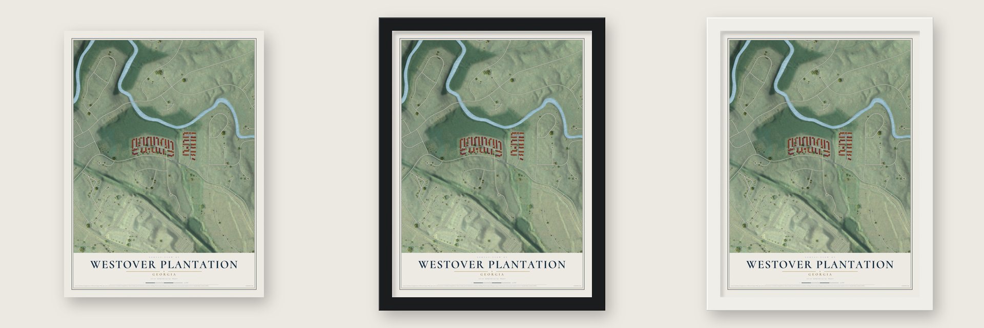 Westover Plantation, Georgia map unframed, in a black wood frame and in a white wood frame