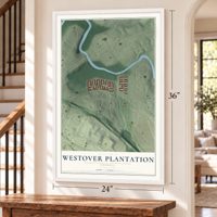 Westover Plantation, Georgia map, 24 x 36 inch print in a white frame by a staircase