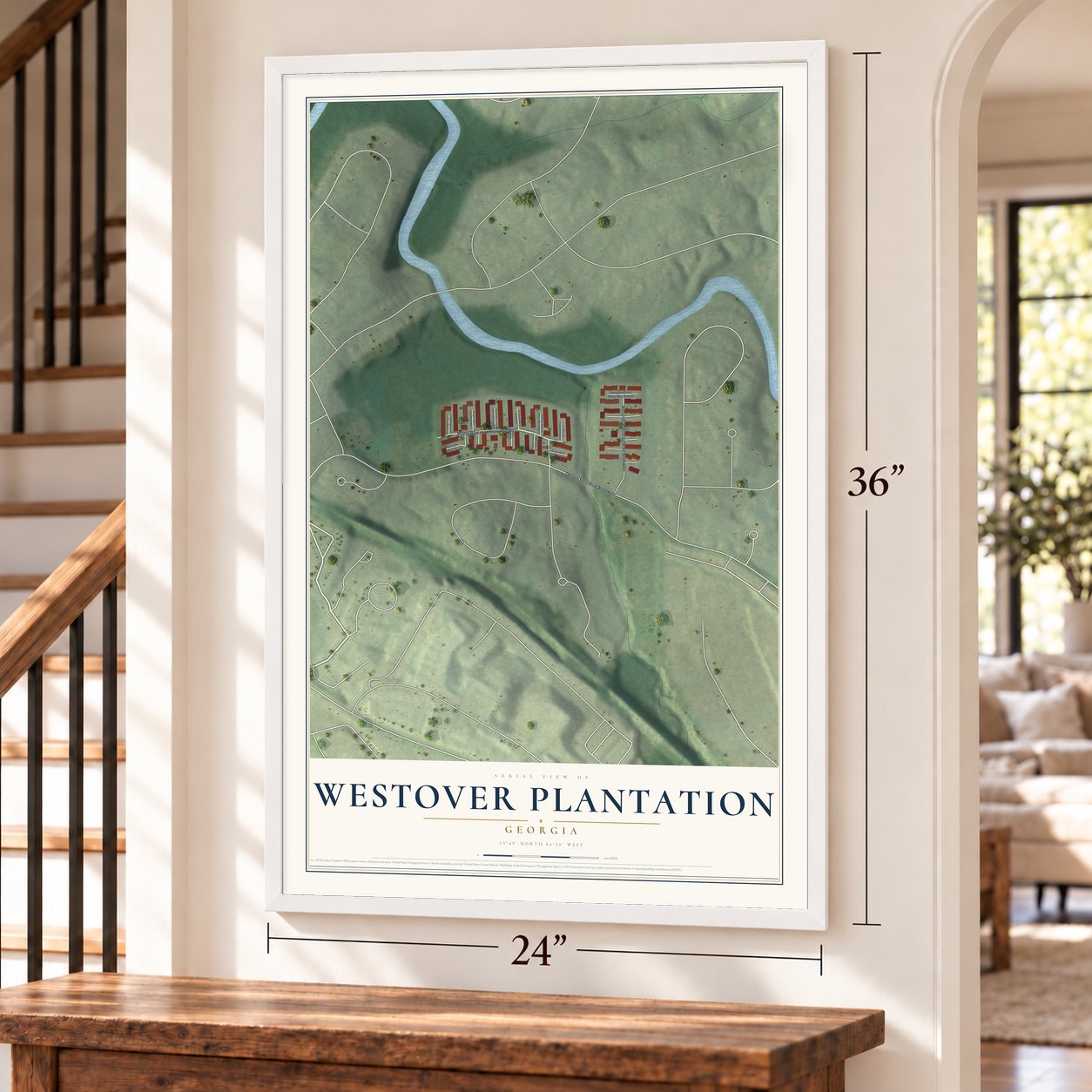 Westover Plantation, Georgia map, 24 x 36 inch print in a white frame by a staircase
