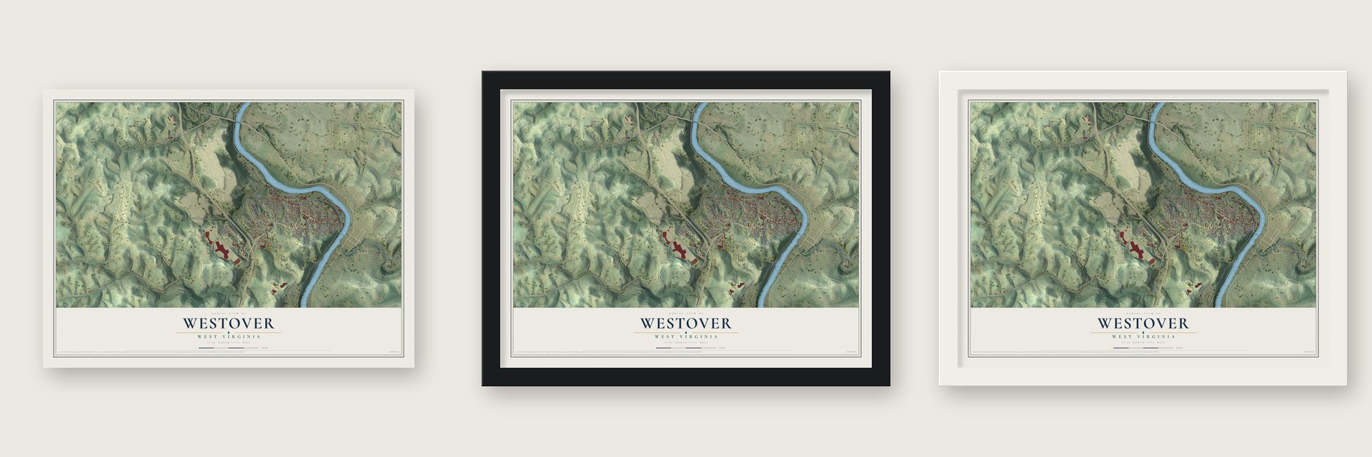 Westover, West Virginia map unframed, in a black wood frame and in a white wood frame
