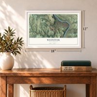 Westover, West Virginia map, 12 x 18 inch print in a white frame in an entryway
