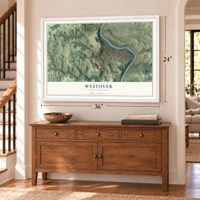 Westover, West Virginia map, 24 x 36 inch print in a white frame above a dresser by a staircase
