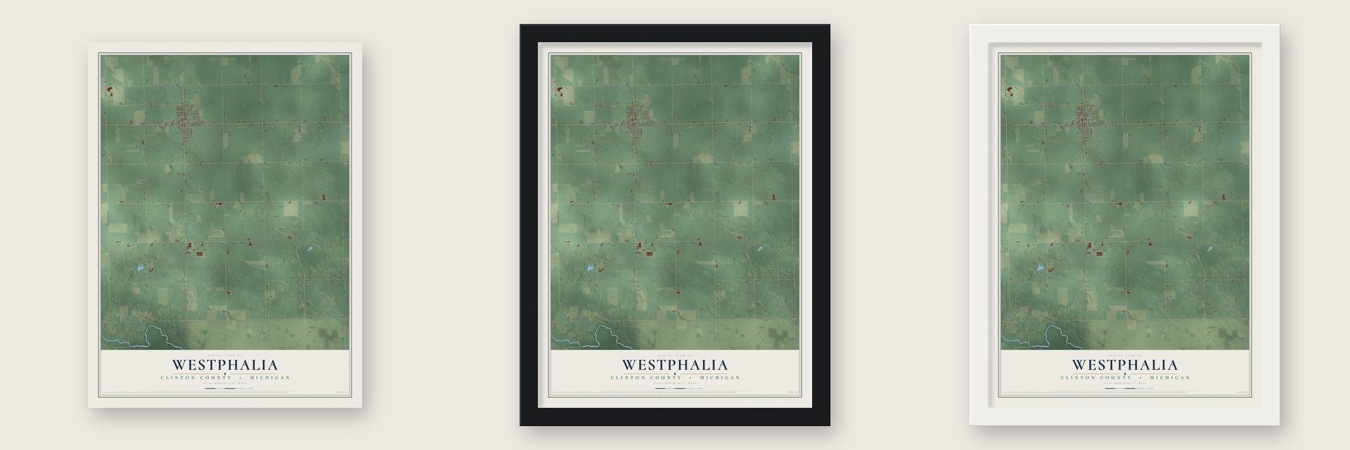 Westphalia, Clinton County, Michigan map unframed, in a black wood frame and in a white wood frame