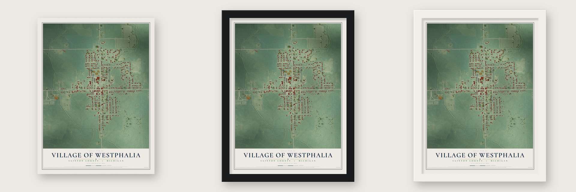 Westphalia, Michigan map unframed, in a black wood frame and in a white wood frame