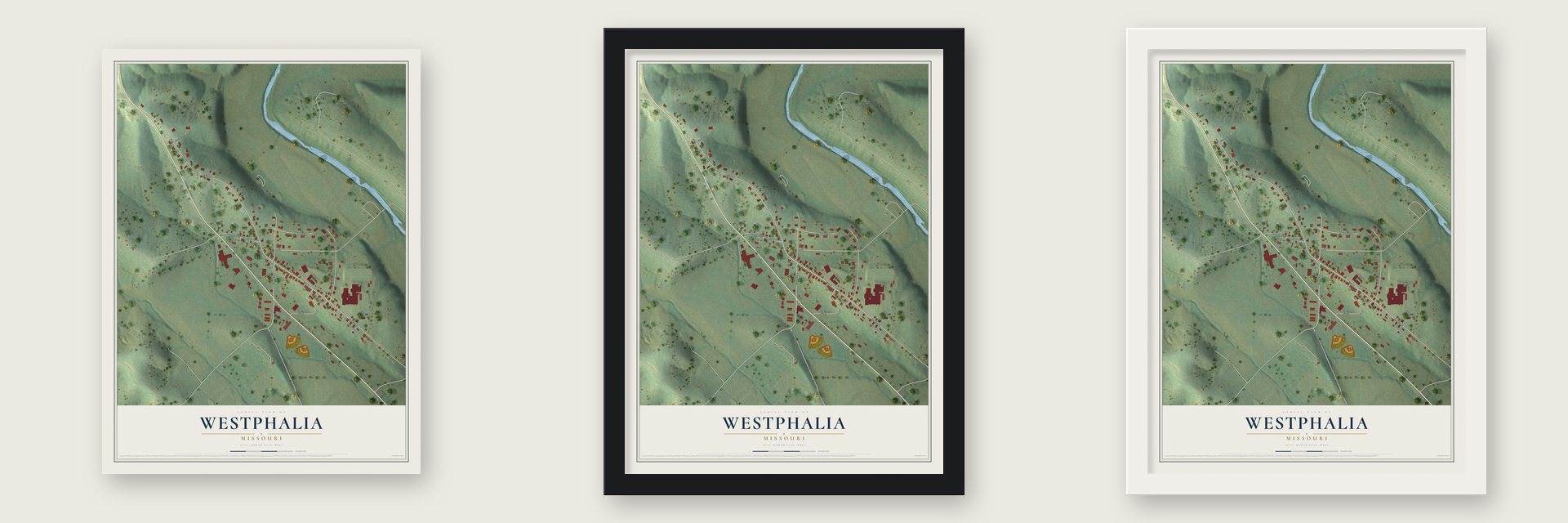 Westphalia, Missouri map unframed, in a black wood frame and in a white wood frame