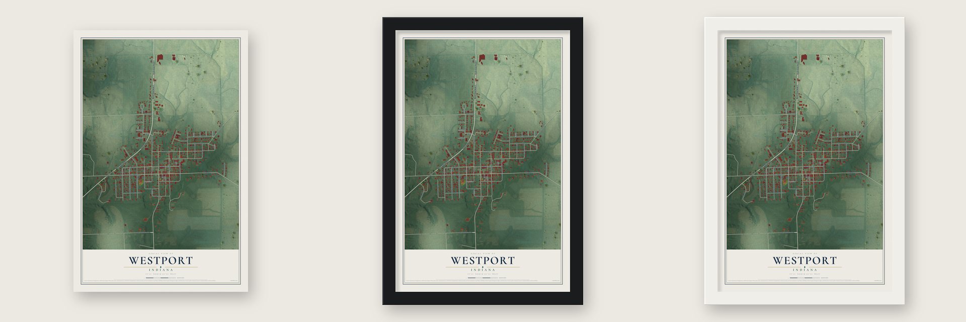 Westport, Indiana map unframed, in a black wood frame and in a white wood frame