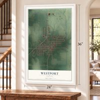 Westport, Indiana map, 24 x 36 inch print in a white frame by a staircase