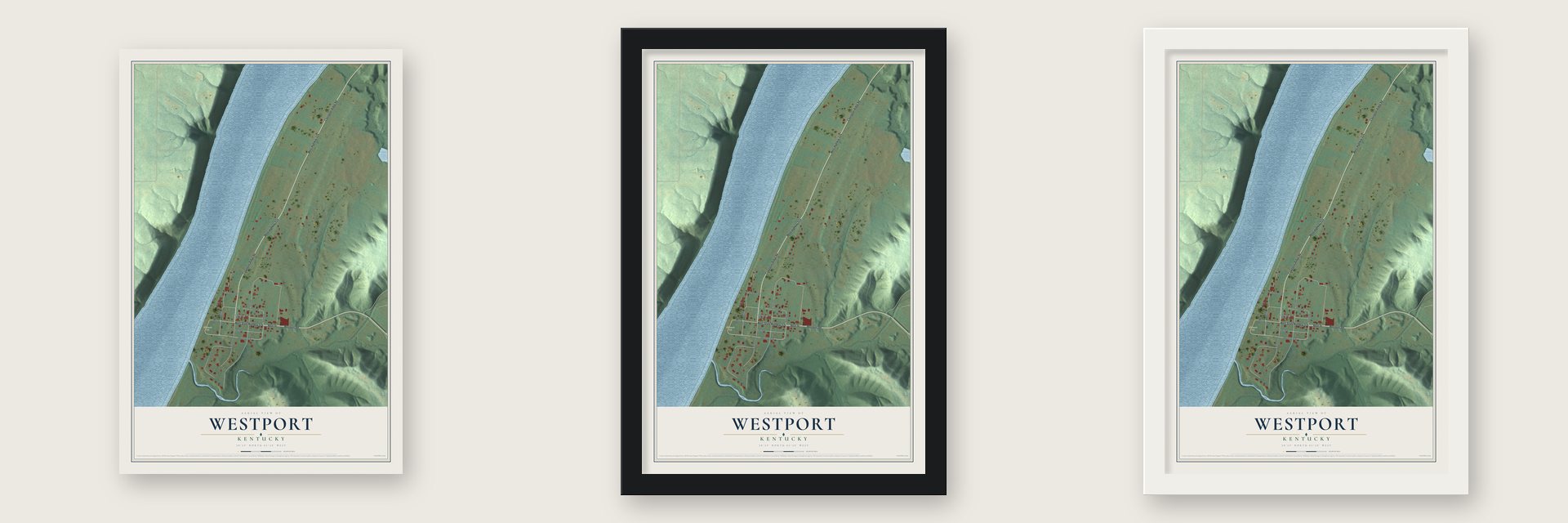Westport, Kentucky map unframed, in a black wood frame and in a white wood frame