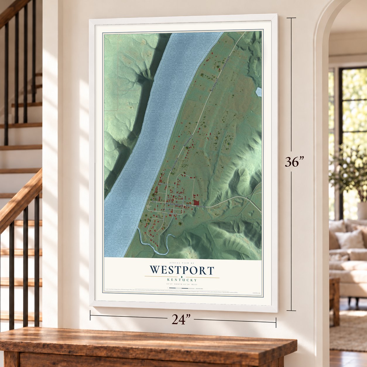 Westport, Kentucky map, 24 x 36 inch print in a white frame by a staircase