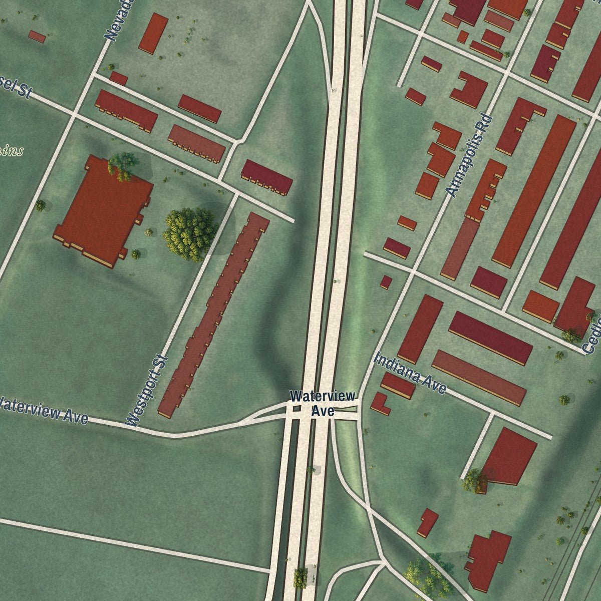 Second close-up of the map of Westport, Maryland print showing more streets and buildings