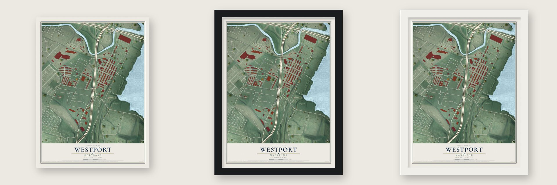 Westport, Maryland map unframed, in a black wood frame and in a white wood frame