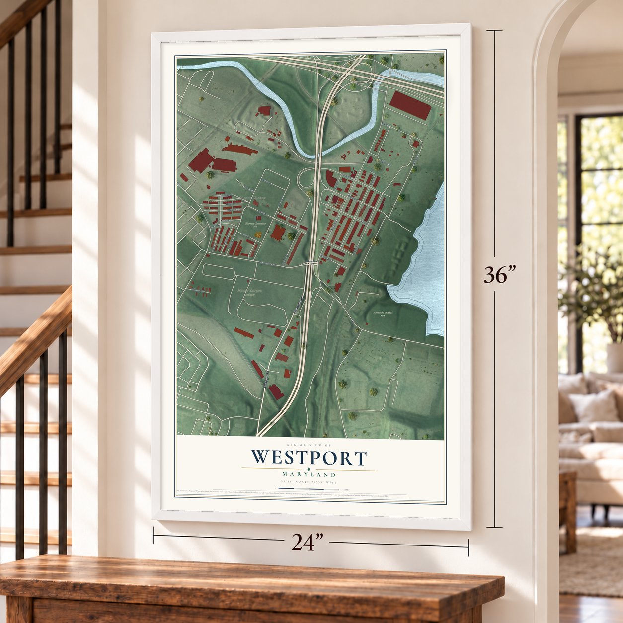 Westport, Maryland map, 24 x 36 inch print in a white frame by a staircase